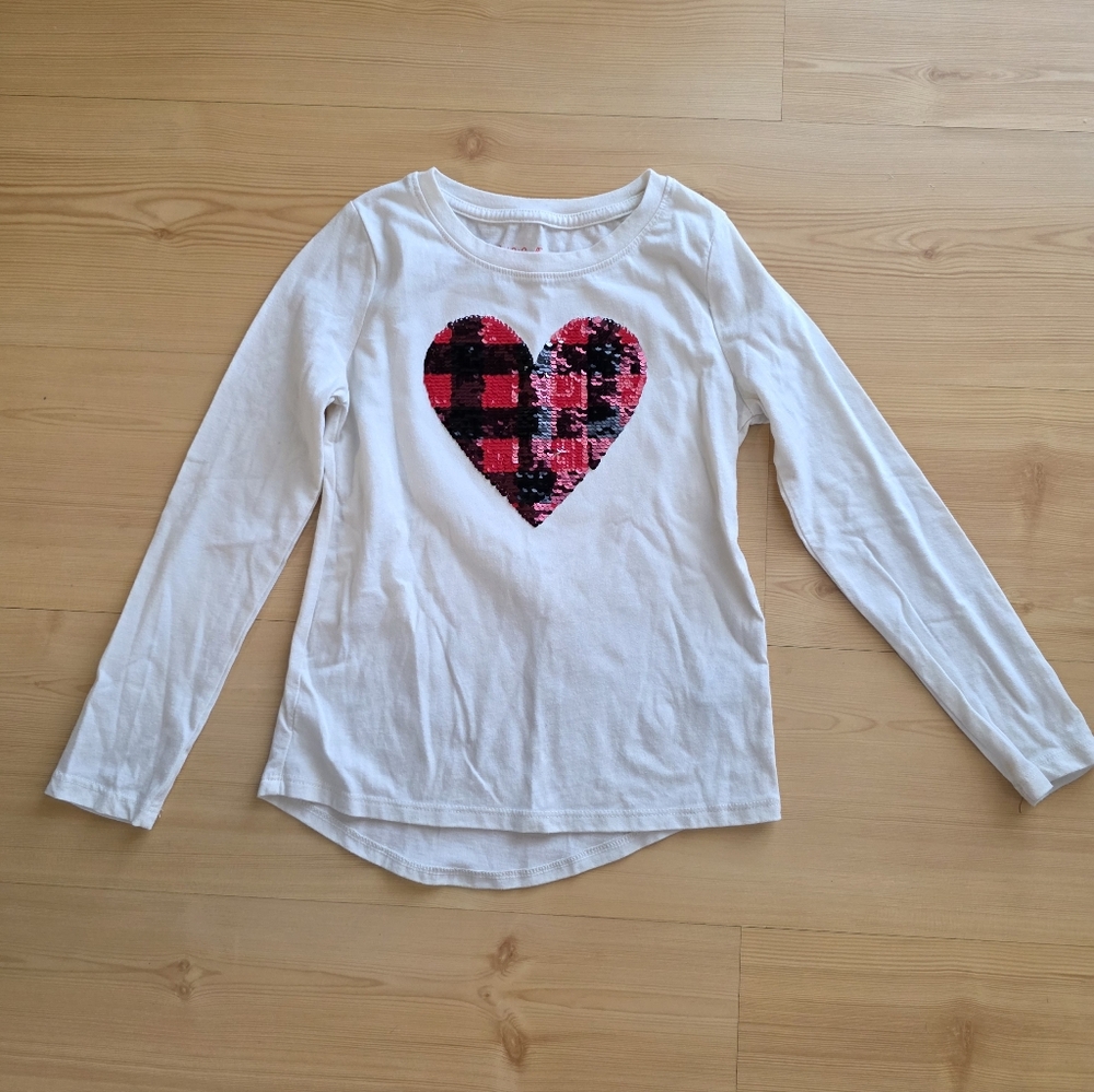Cat & Jack White Long Sleeve Shirt with Plaid Sequin Flip Heart Valentine's 6X